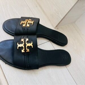 Black Slide Sandals with Gold Logo